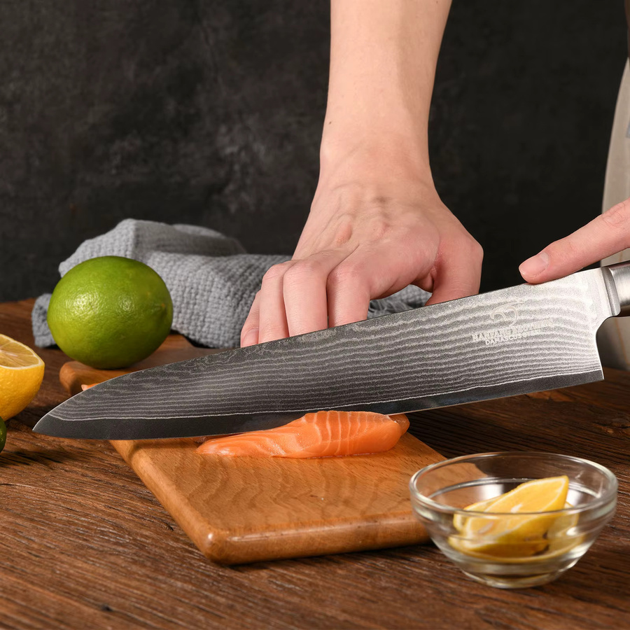 Nanfang Brothers Damaszener Kochmesser aus VG10 Stahl mit 66 Lagen und silbernem ABS-Griff für Sushi und Sashimi - Bild 7