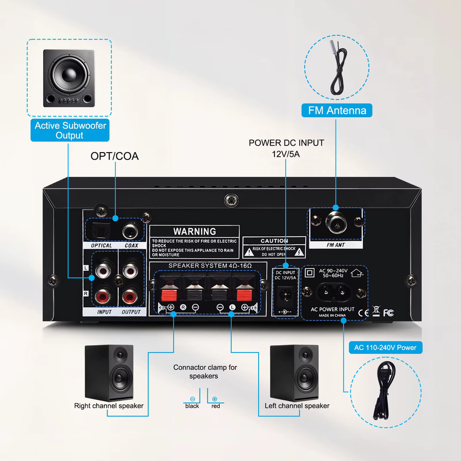 Woopker AK55 Digitalverstärker in Schwarz mit Bluetooth, USB, SD und FM-Radio für Hifi-Heimkino-Systeme - Bild 3
