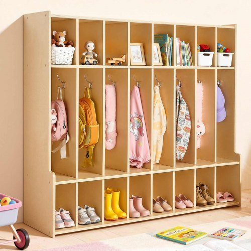 VEVOR Kinderkleiderschrank aus Sperrholz in Beige oder Braun mit 16 Haken und 24 Fächern für Kinderzimmer, Kindergarten und Kita, Höhe: 137 cm, Breite: 44,05 cm, Tiefe: 35,5 cm - Bild 1