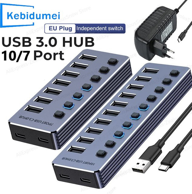 KEBIDUMEI USB 3.0 Hub mit 10/7 Ports und Ein/Aus-Schaltern aus Aluminium für PC - Bild 1