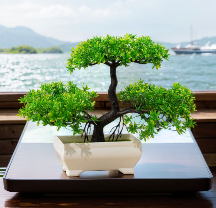 Uflower Künstlicher Bonsai Baum in Grün als Topfpflanze aus Kunststoff für Home Decor und Garten - Bild 1