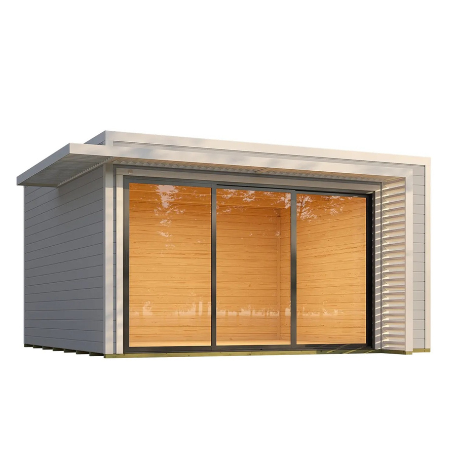 Weka Gartenhaus Amberley mit 3-Fach Schiebetür in Grau-Weiß, Flachdach und Lamellenvordach, B/T: 400 x 400 cm - Bild 2