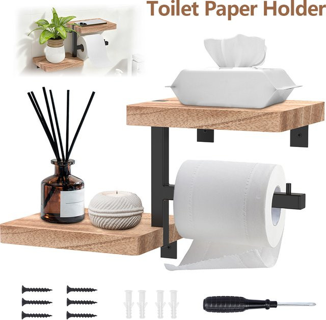 Everso Toilettenpapierhalter aus Holz zur Wandmontage mit Regal in Braun - Bild 1