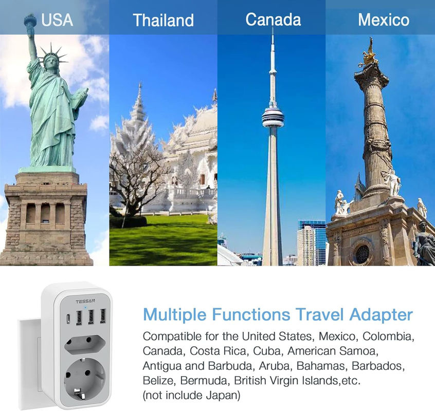 TESSAN Steckdosenadapter für USA, Kanada, Frankreich und Mexiko mit 3 USB-A und 1 USB-C Port in Grau - Bild 4