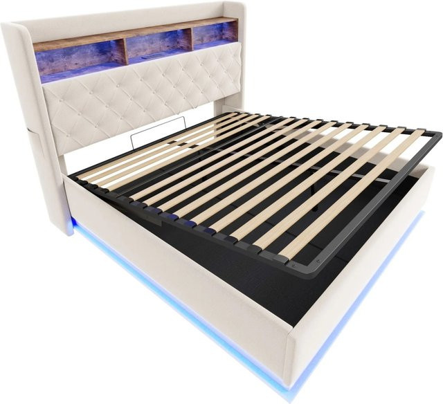 Merax Polsterbett mit LED-Beleuchtung und USB-Anschluss, Beige, B/T/H: 180 x 200 x 113 cm (Unterbau) / 214 x 180 x 186 cm (Gesamtmaß) - Bild 1