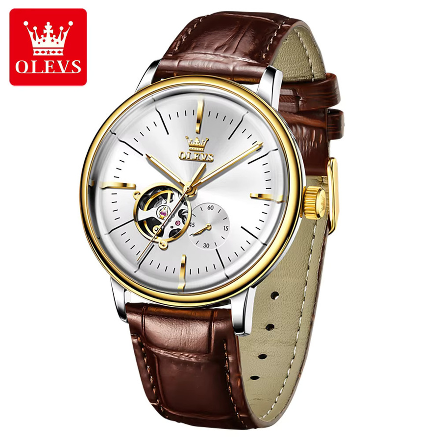 OLEVS Armbanduhr, Automatik, Edelstahl, Gold, Leder, Herren - Bild 7
