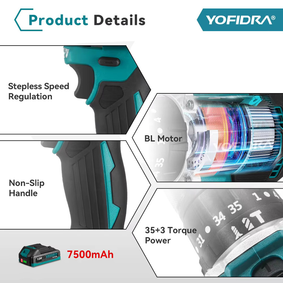 YOFIDRA Bürstenloser kabelloser elektrischer Schlagbohrer mit 35+2 Drehmomentstufen und 13 mm Spannweite für Makita LXT Akkus - Bild 3