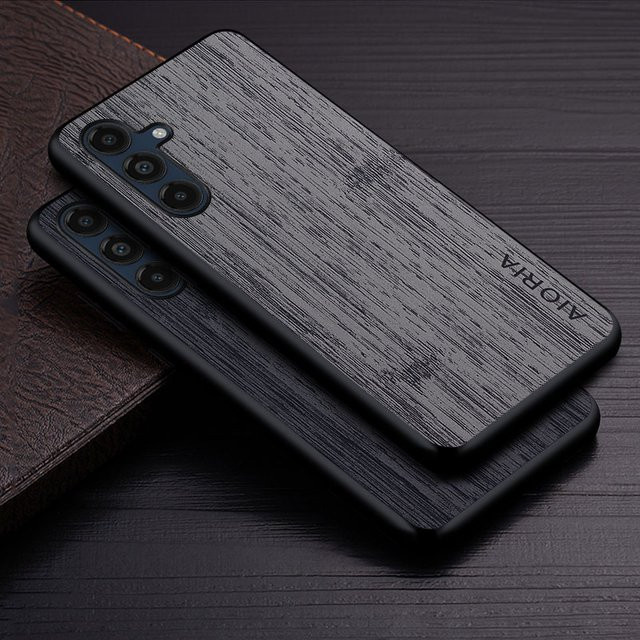 Luxus Handyhülle im Bambus-Holzmuster aus Leder für Samsung Galaxy M35 5G und Samsung Galaxy M55 5G in Braun oder Grau - Bild 1