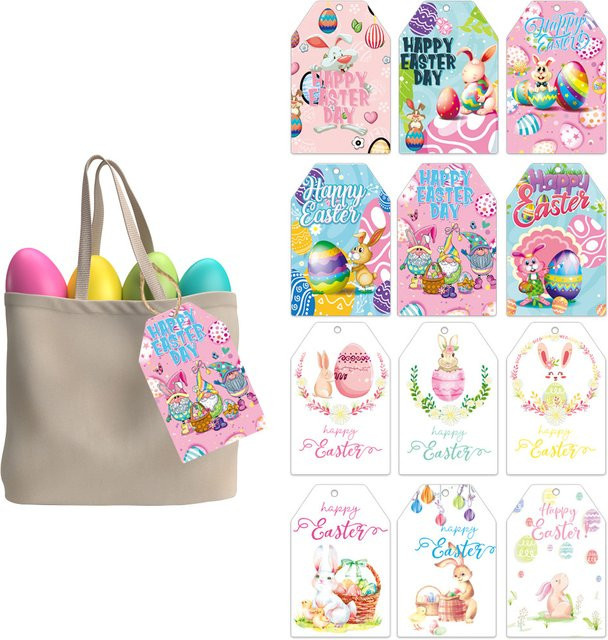 60 Stück meidding Geschenkanhänger Ostern mit Hase, Kaninchen und Osterei in Multicolor aus Papier - Bild 1