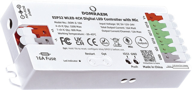 DOMRAEM ESP32 RGB IC WLED Controller 4-Kanal 16A mit Schallreaktivem Pegelwandler für WS2811/12B und SK6812 Digital-LED DIY mit WiFi - Bild 1