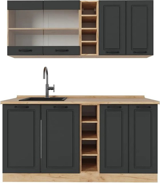 Vicco R-Line Singleküche Landhausstil Anthrazit und Eiche Matt B: 160 cm, H: 81,6 cm, T: 46 cm - Bild 1