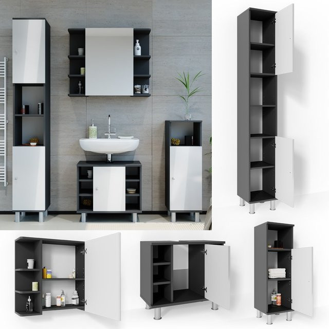 Vicco Badmöbel Set FYNN 4-teilig in Anthrazit und Weiß Hochglanz mit Badspiegel, Waschbeckenunterschrank und Badschrank - Bild 1
