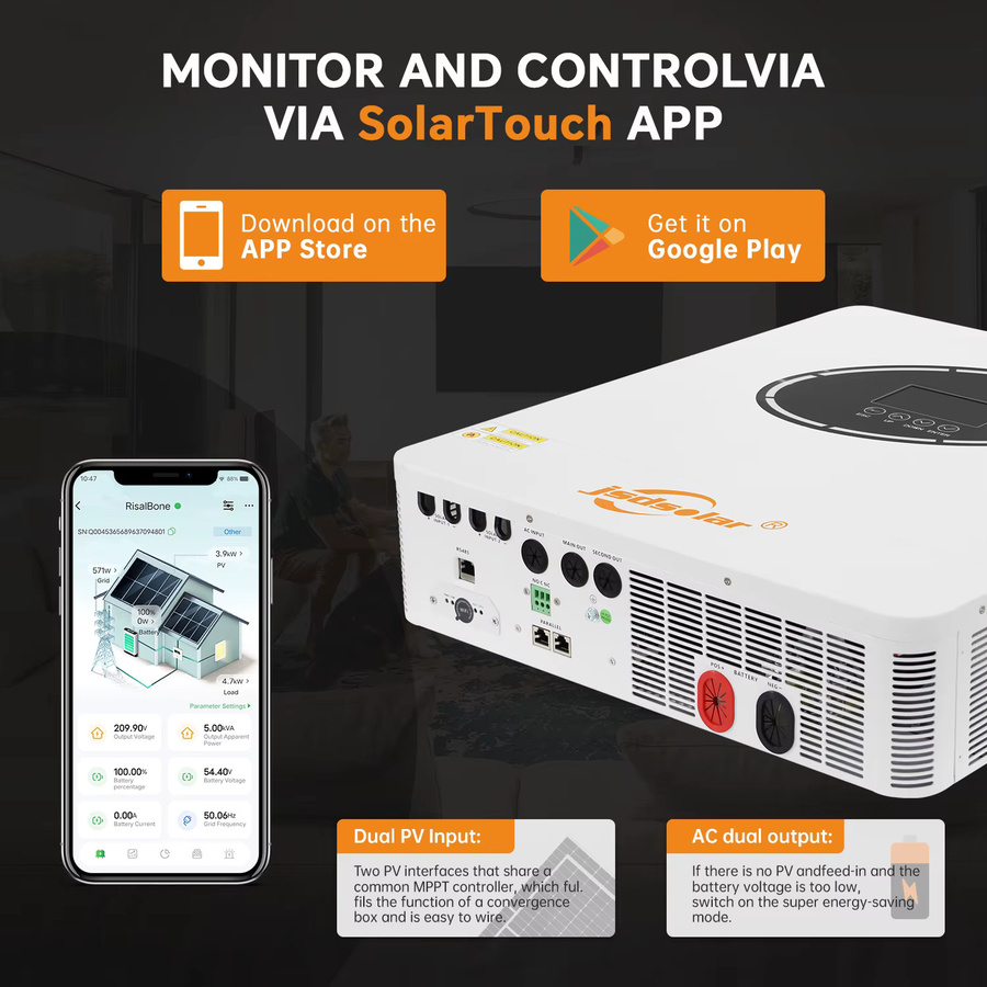 jsdsolar 11KW Parallel-Hybrid-Solarwechselrichter 48V zu 230V mit WLAN, Reine Sinuswelle, 160A MPPT und dualem PV-Eingang, Weiß - Bild 3