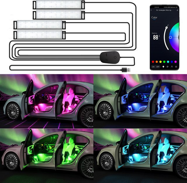 Yilaie Universal Neon LED Auto Umgebungslicht RGB Fußstreifen mit App-Steuerung und Fernbedienung für SUV und Offroad Fahrzeuge in Multicolour - Bild 1