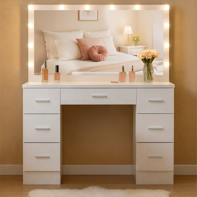 CLP Schminktisch Ginny mit Hollywoodspiegel, dimmbares LED-Licht mit 3 Lichtfarben und Schubladen, B/T: 110 x 55 cm - Bild 1