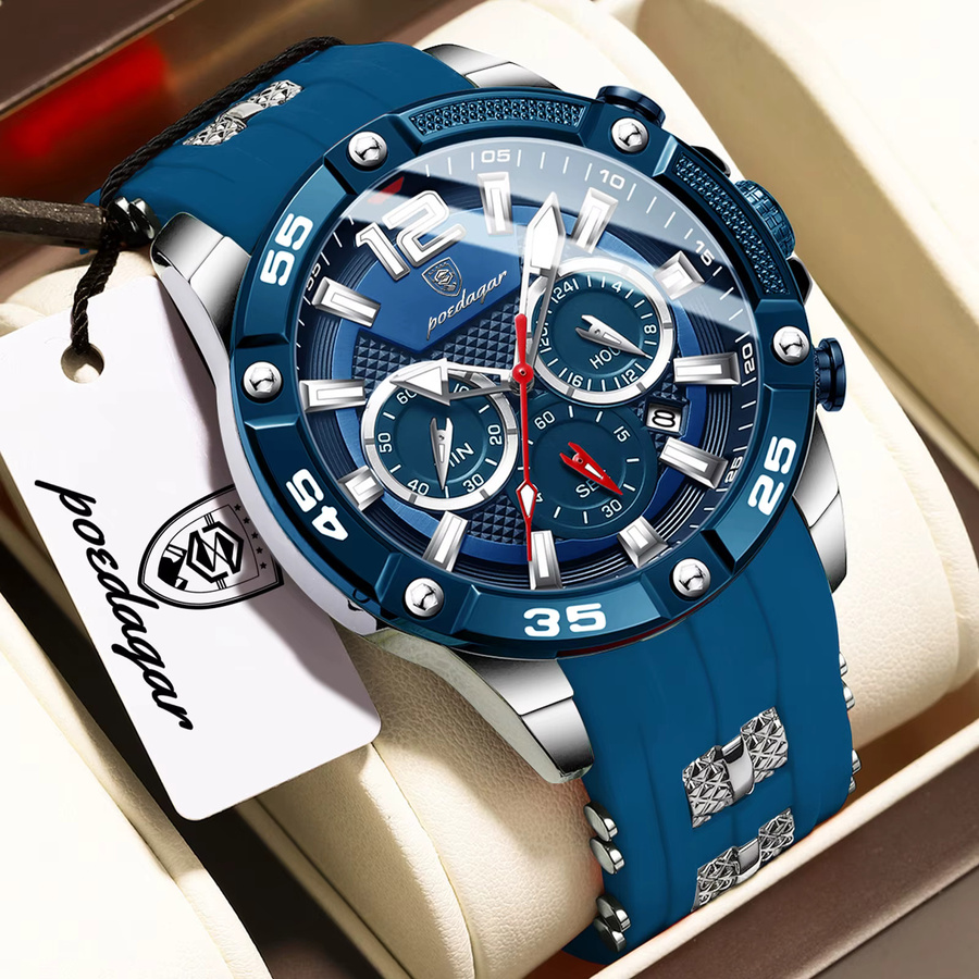 POEDAGAR Armbanduhr Chronograph, Quarz, Edelstahl, Blau, Herren - Bild 2