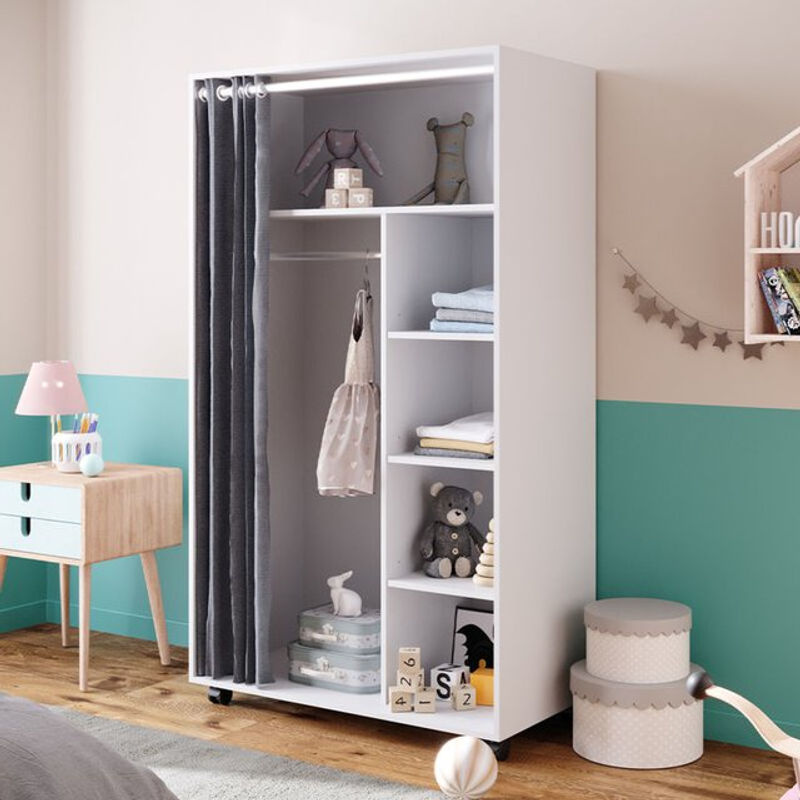 Vicco Kinderkleiderschrank Doros Garderobe Weiß modern B: 100 cm, H: 168 cm, rollbar und offen - Bild 2