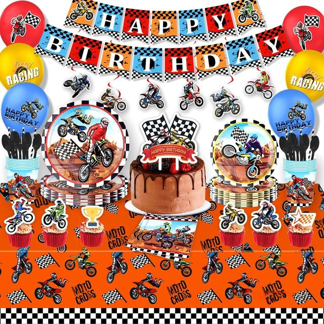 Cicimini Motocross Geburtstag Dekoration Set mit Wimpel und hängenden Wirbeln in Mehrfarbig - Bild 1