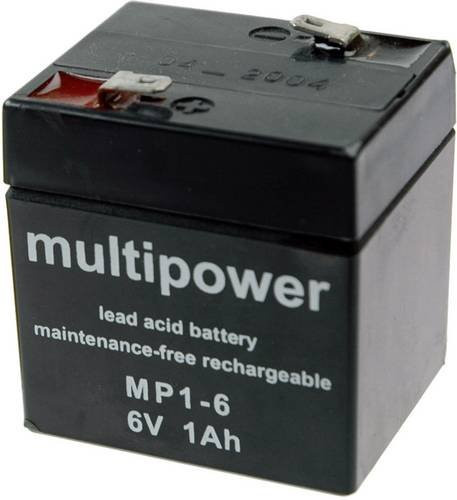 Multipower MP1-6 Bleiakku 6V 1Ah Blei-Vlies AGM Schwarz B/H/T: 51 x 55 x 42 mm mit 4,8 mm Flachstecker wartungsfrei - Bild 1
