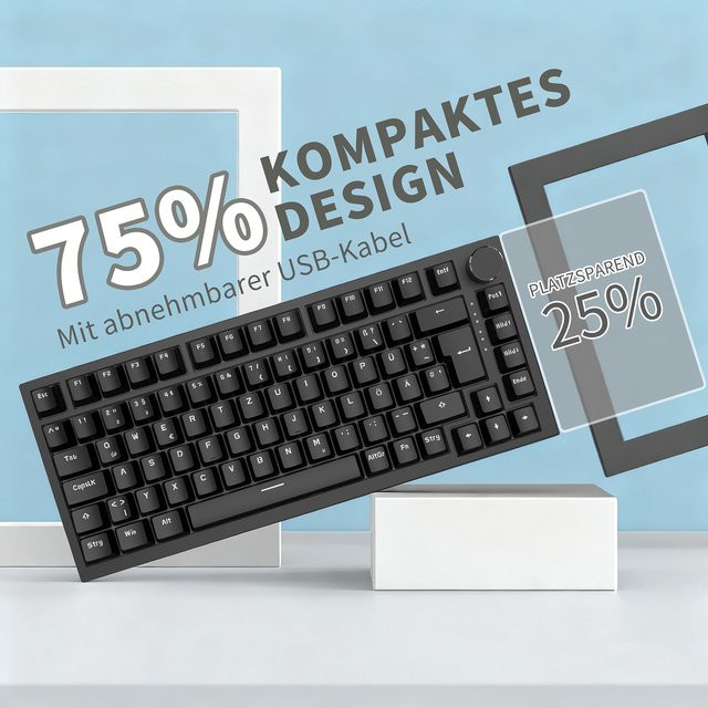 AJAZZ AK820 Mechanische Tastatur in Schwarz mit 82 Tasten, QWERTZ-Layout und Hot-Swap-Lautstärke-Drehknopf - Bild 1