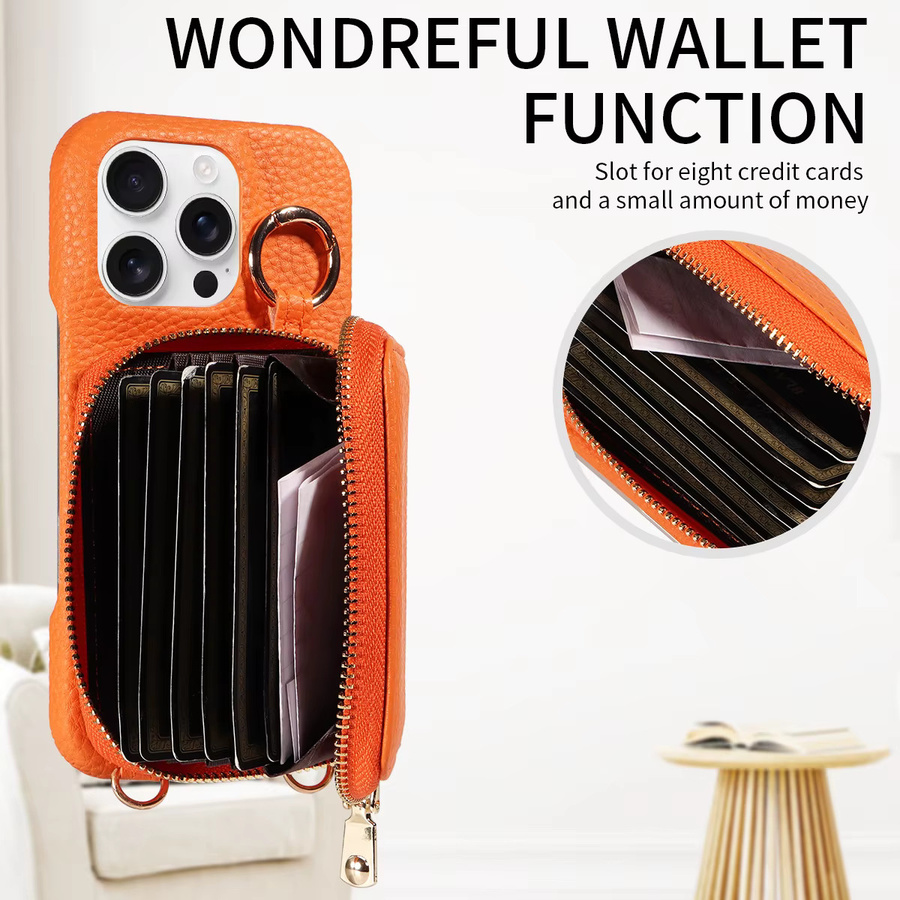 Kunstleder Umhängetasche als Handyhülle für iPhone 16e 16 15 14 13 12 11 Pro Max mit Kartenfach und Anti-Entmagnetisierung in Gold und Orange - Bild 6