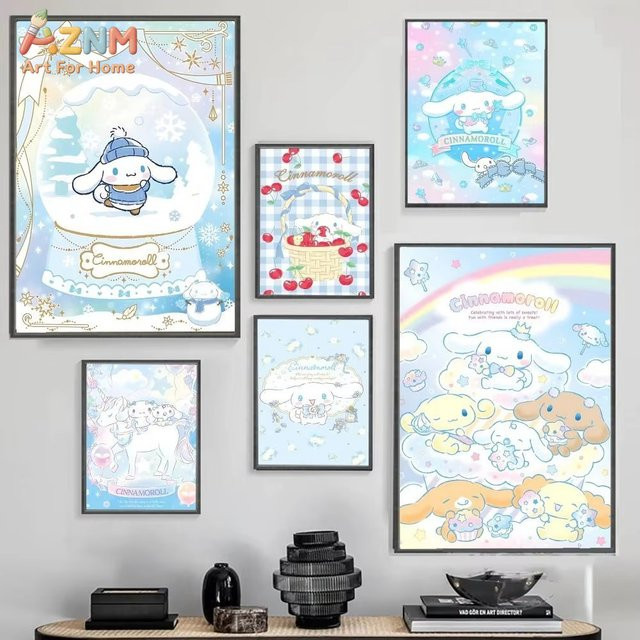 AZMN Kawaii Cinnamoroll Poster mit Hund-Illustration, wasserfestes Retro-Wandkunst-Plakat für dein Schlafzimmer, mehrfarbig - Bild 1