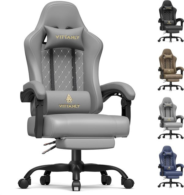 Vittanly Ergonomischer Gaming-Stuhl in Grau mit Kopfstütze, Lendenkissen und Fußstütze, höhenverstellbarer und drehbarer Bürostuhl aus Kunstleder - Bild 1