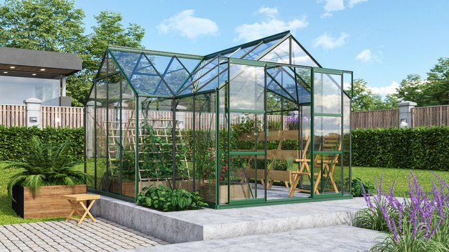 Vitavia Gewächshaus Sirius in Smaragdgrün mit 13 m² Fläche und 3 mm ESG-Glas inklusive Fundament - Bild 1