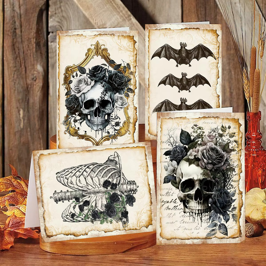 12 Stück gotische Halloween-Grußkarten mit Umschlag in Schwarz und Multicolour mit schwarzer Rose und Skelett-Design aus Papier - Bild 3