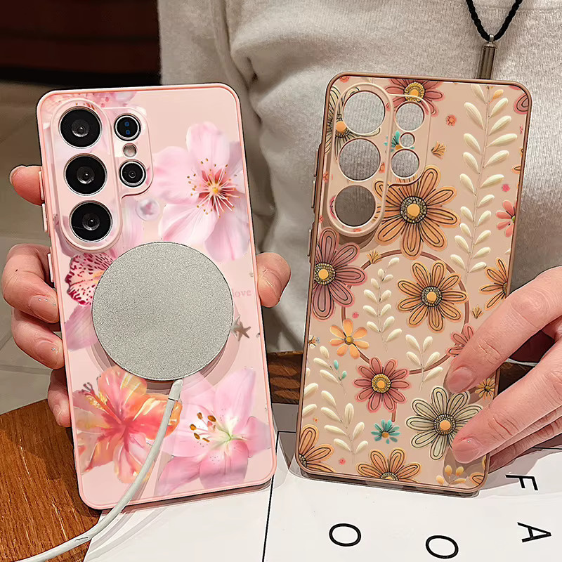 Magnetische Handyhülle mit Blumen- und Blattmuster für Samsung Galaxy S26 S25 Ultra Edge S24 S23 FE A57 A17 A56 A37 A16 A55 A36 A55 in Grün - Bild 2