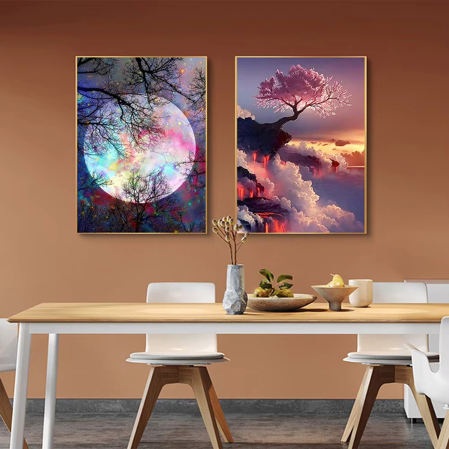 QIZITENG 5D Diamant Malerei Mond Baum Landschaft Mosaik Set, Rund, Mehrfarbig, Durchmesser: 20 cm - Bild 3