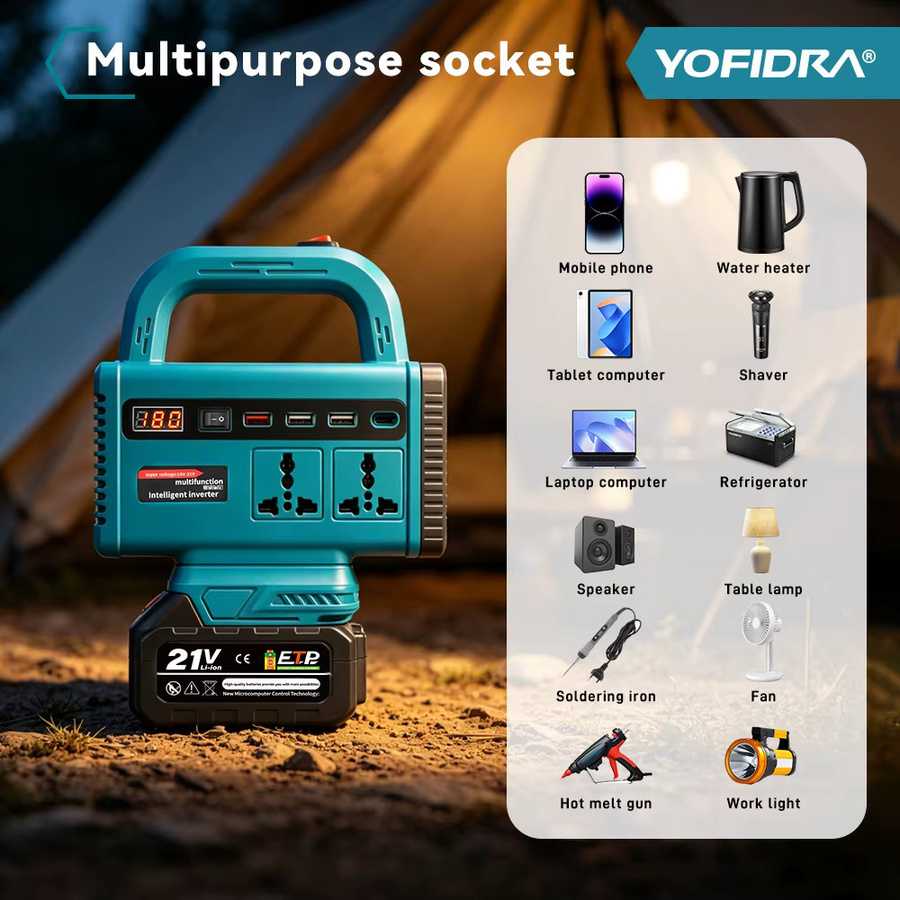 YOFIDRA 6-in-1 Akku-Stromwechselrichter mit USB-Typ-C-Steckdose und LED-Licht, kompatibel mit Makita-Akkus, Notstromversorgung für den Außenbereich - Bild 5