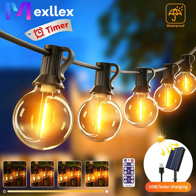 Mexllex Solar-Lichterkette für den Außenbereich mit 15,5 m Länge, kugelförmige G40 LED-Lichterkette in Warmweiß und transparentem Kunststoff für Terrasse, Balkon und Hochzeit - Bild 1