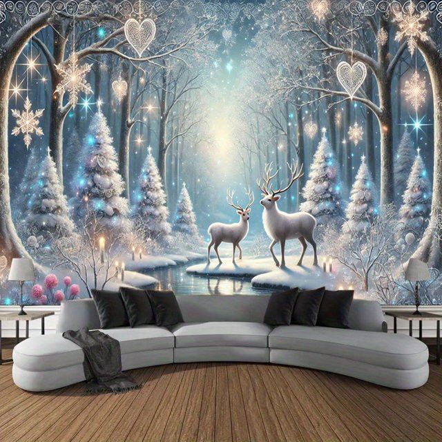 VIKAMA Nordischer Wandteppich mit Rentier und Schneeszene als Winter Wanddekoration für dein Wohnzimmer - Bild 1