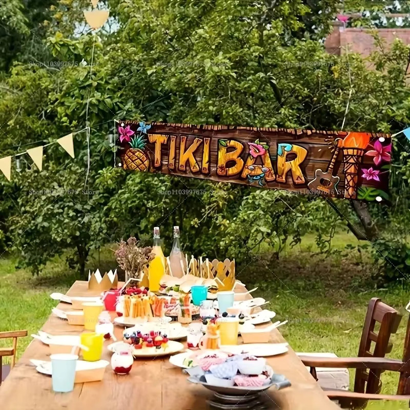 VIKAMA Tropisches Tiki-Bar Banner mit Ananas- und Blumenmuster, Mehrfarbig, B: 180 cm, H: 35 cm - Bild 3