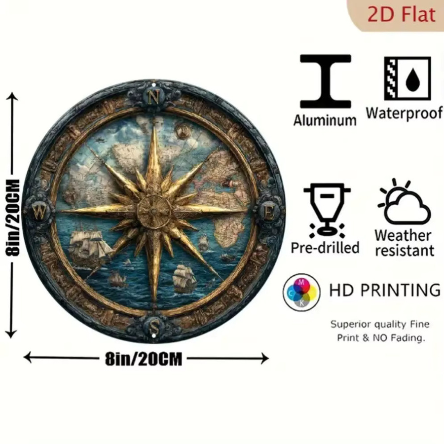 HELLOYOUNG Nautische Kompass Wandkunst aus Metall mit Schiffsrad und Kompass Rose, Rund, Mehrfarbig, Durchmesser: 20,3 cm - Bild 2