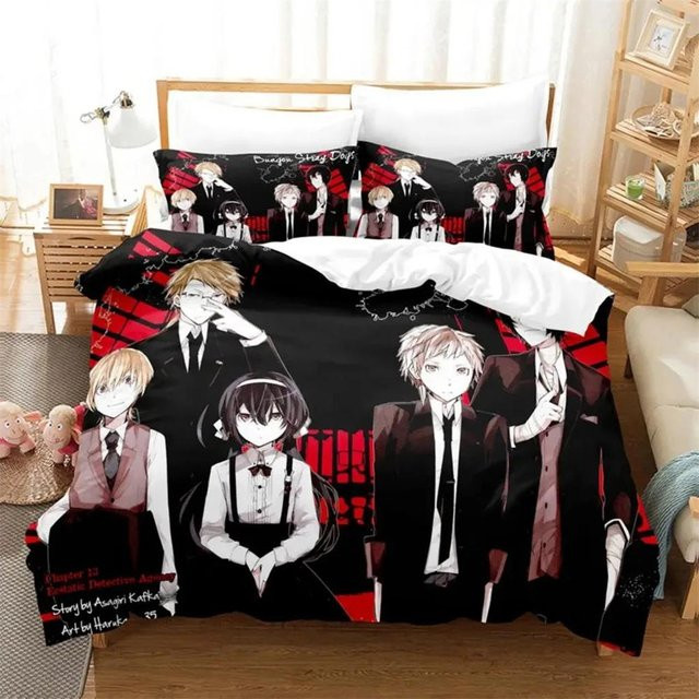 Bungo Stray Dogs Anime Bettwäsche Set mit 3D-Druck, Bettbezug und Kissenbezüge, Schwarz, B/H: 135 x 200 cm - Bild 1