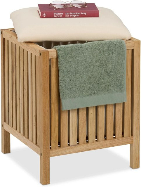 Relaxdays Wäschekorb aus Walnussholz Natur mit weißem gepolstertem Sitzkissen B: 51 cm, T: 38 cm, H: 38 cm - Bild 1