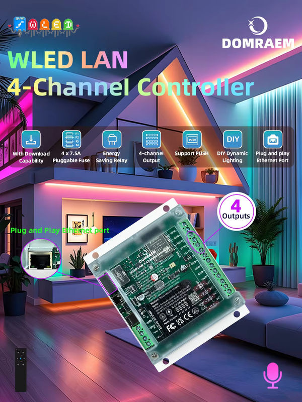 DOMRAEM 4CH ESP32 Ethernet DIN-Schienen-WLED-Controller für adressierbare WS281X RGBIC LED-Streifen mit WiFi und Musik-Sync, 30A (4x 7,5A Sicherung), DC 5-24V - Bild 6