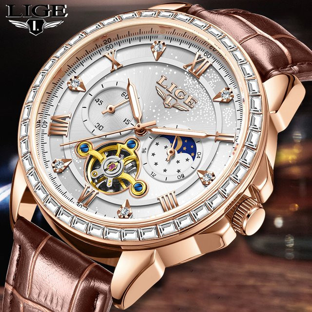 LIGE Armbanduhr Automatik, Mondphase, Kristall, Roségold, Edelstahl, Leder, Herren - Bild 1