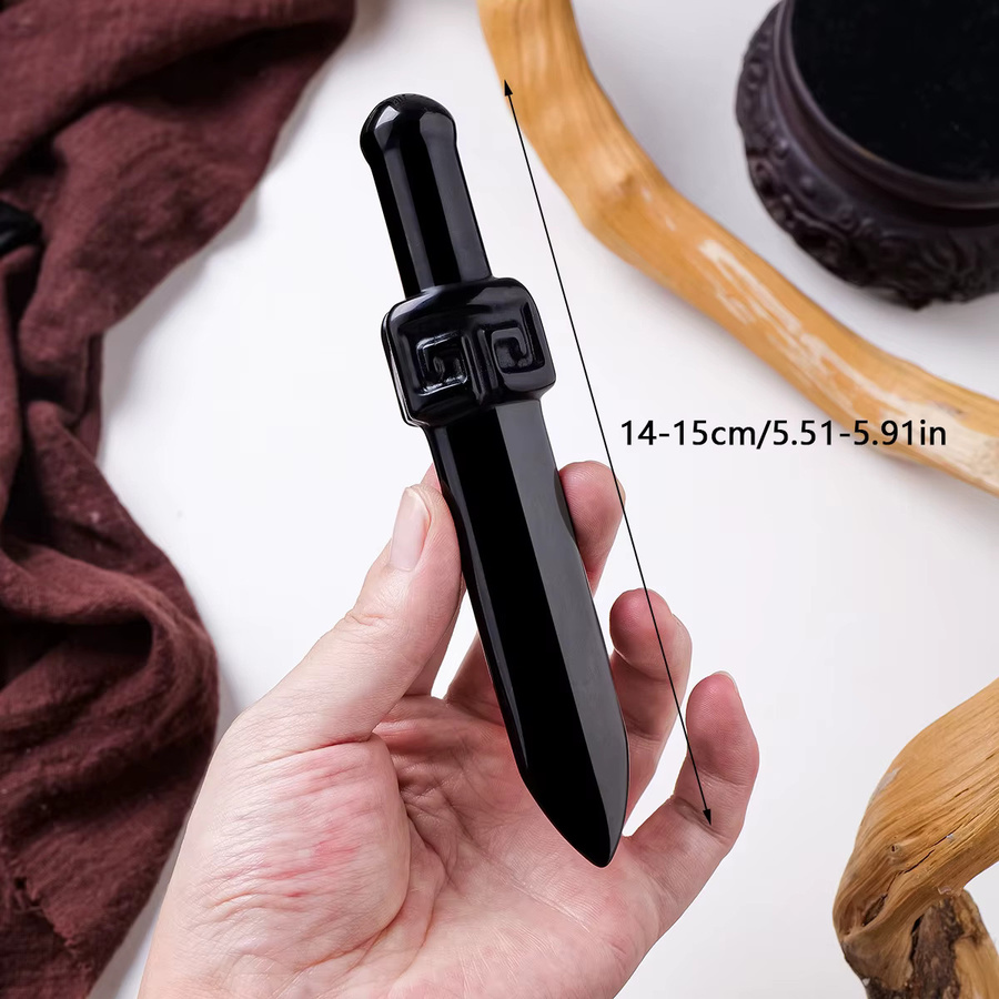 Runyangshi Ritualmesser aus schwarzem Obsidian als dekorativer Kristall-Dolch für okkulte Zwecke und Wohnkultur - Bild 1