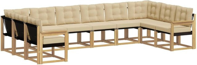 vidaXL Outdoor-Sofagarnitur in L-Form aus Akazienholz mit Textilene und Kissen, Weiß und Beige - Bild 1