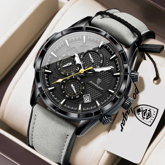 POEDAGAR Armbanduhr, Quarz, Leder, Schwarz, Chronograph, Herren - Bild 1