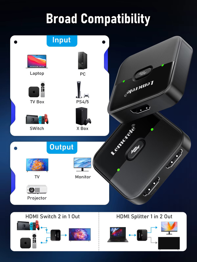 Lemorele HDMI-Switch 2 in 1 Out Splitter, bidirektionaler HDMI-Konverter für 4K UHD 60Hz, Schwarz, kompatibel mit Laptop, PC und Xbox - Bild 5