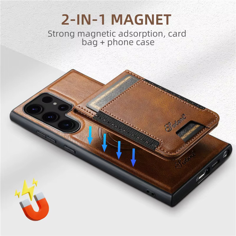 EUCAGR Luxus MagSafe Magnetische Leder-Telefonhülle mit Kartenhalter für Samsung S24 S23 S22 Plus Ultra und Note 20 Ultra in Rot oder Braun - Bild 5