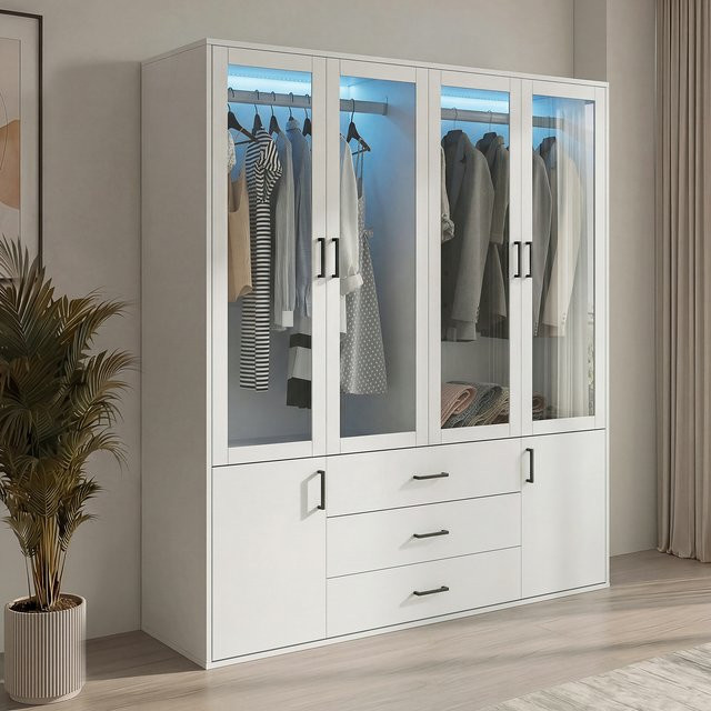 Anajqaqia Moderner Kleiderschrank in Weiß mit Glastüren, LED-Beleuchtung, Kleiderstange und 3 integrierten Schubladen - Bild 1