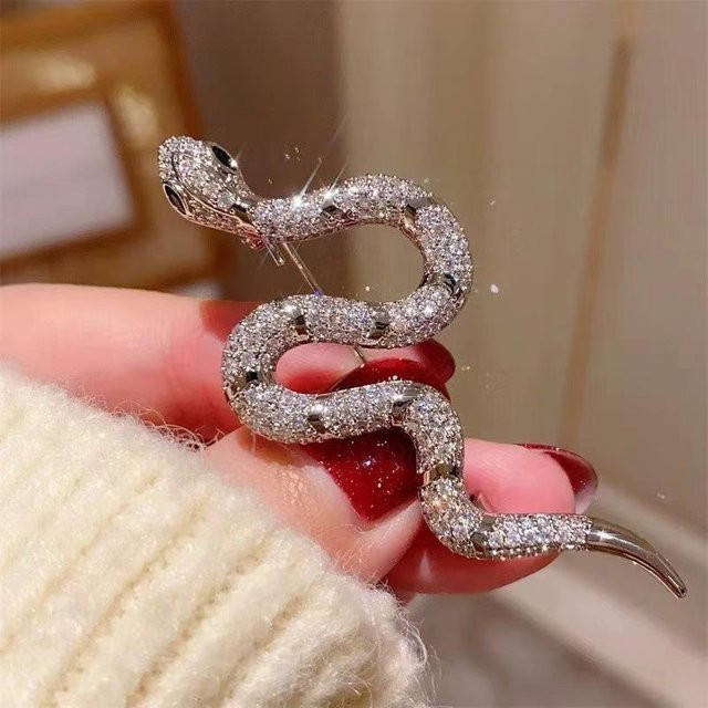 Schlangenbrosche, silberfarben, Strass, Metall, Unisex - Bild 1
