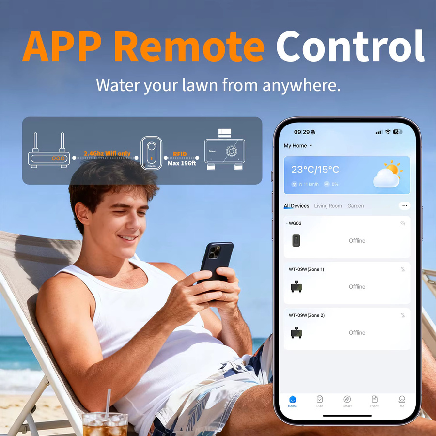 Diivoo WLAN-Bewässerungstimer für 2 Zonen, intelligenter programmierbarer automatischer Bewässerungscontroller für deinen Garten in Schwarz - Bild 4