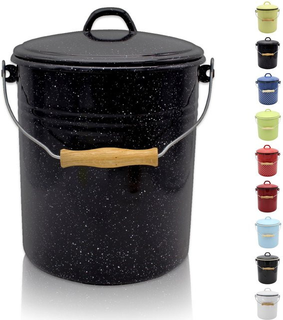 Karl Krüger Emaillierter Mülleimer mit Deckel schwarz-weiß-gesprenkelt, Volumen: 10 Liter, Höhe: 34,5 cm, Breite: 26,0 cm, Tiefe: 10,0 cm - Bild 1