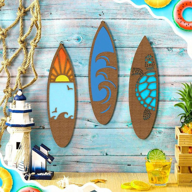 Artilady 3-teiliges Wanddekor aus Holz im Surfbrett-Design mit maritimem Sommer-Motiv in Mehrfarben - Bild 1